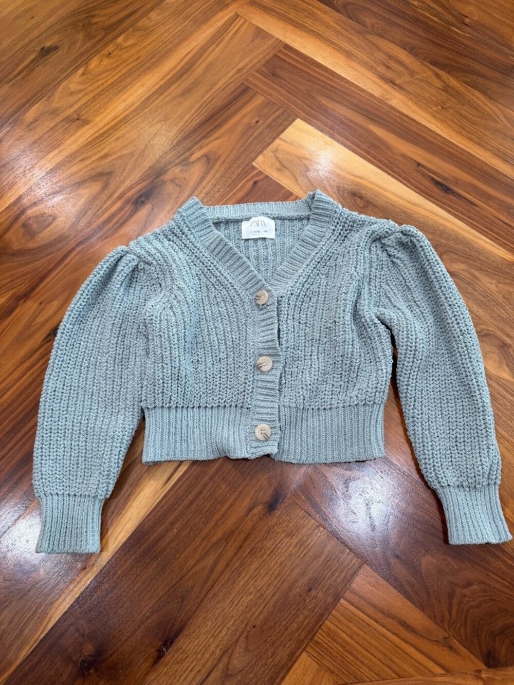 Zara girls cardigan chunky knit blue puff sleeve size 11-12 cropped knitted